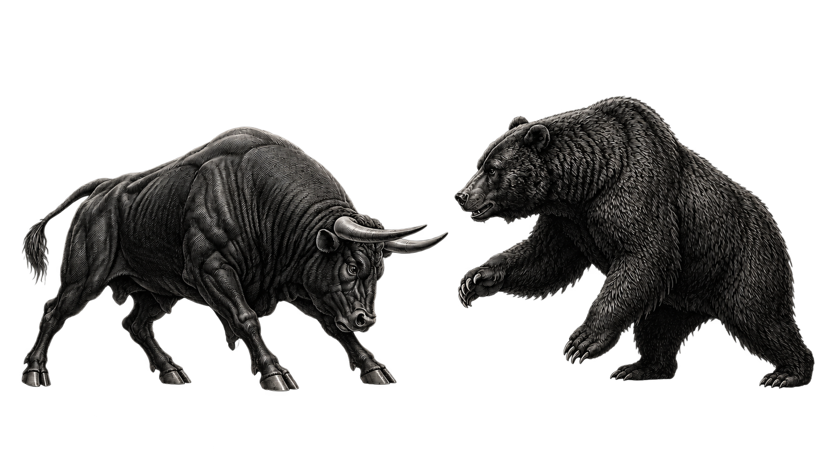 An engraved bull and bear confronting one another