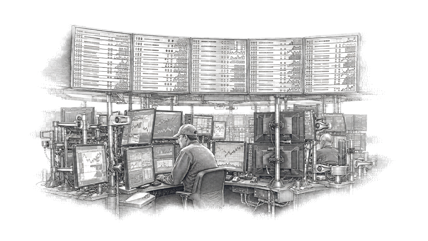Engraved illustration of a securities exchange floor with market boards and trading workstations