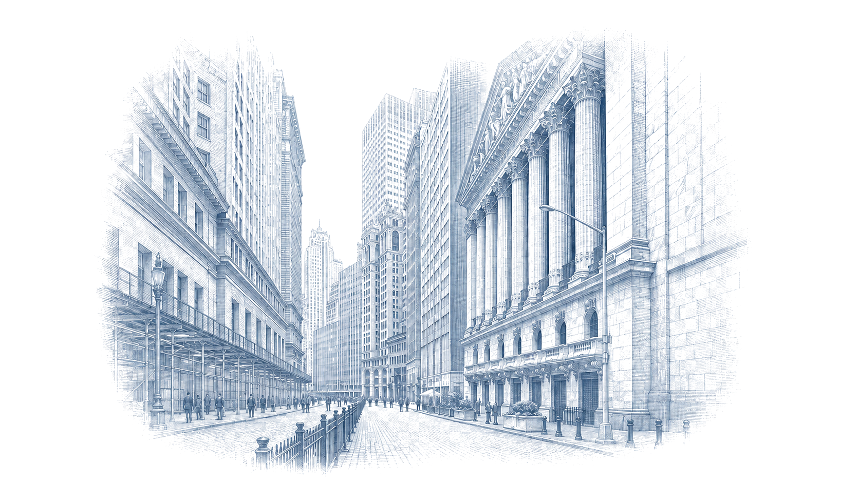 Engraved illustration of a financial-district street canyon and classical exchange architecture