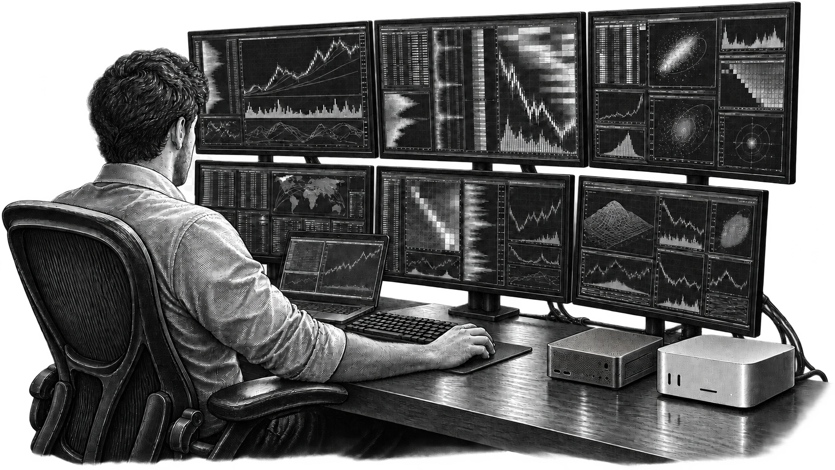 Engraved illustration of an analyst using a multi-screen financial terminal beside compact AI and desktop computers