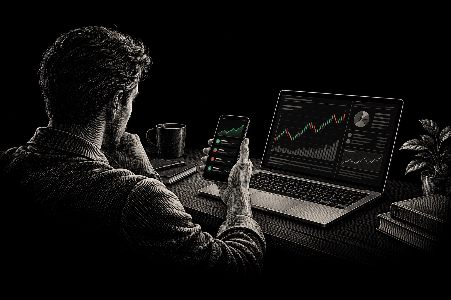 An engraved scene of a new researcher reviewing market information on a smartphone beside an open laptop