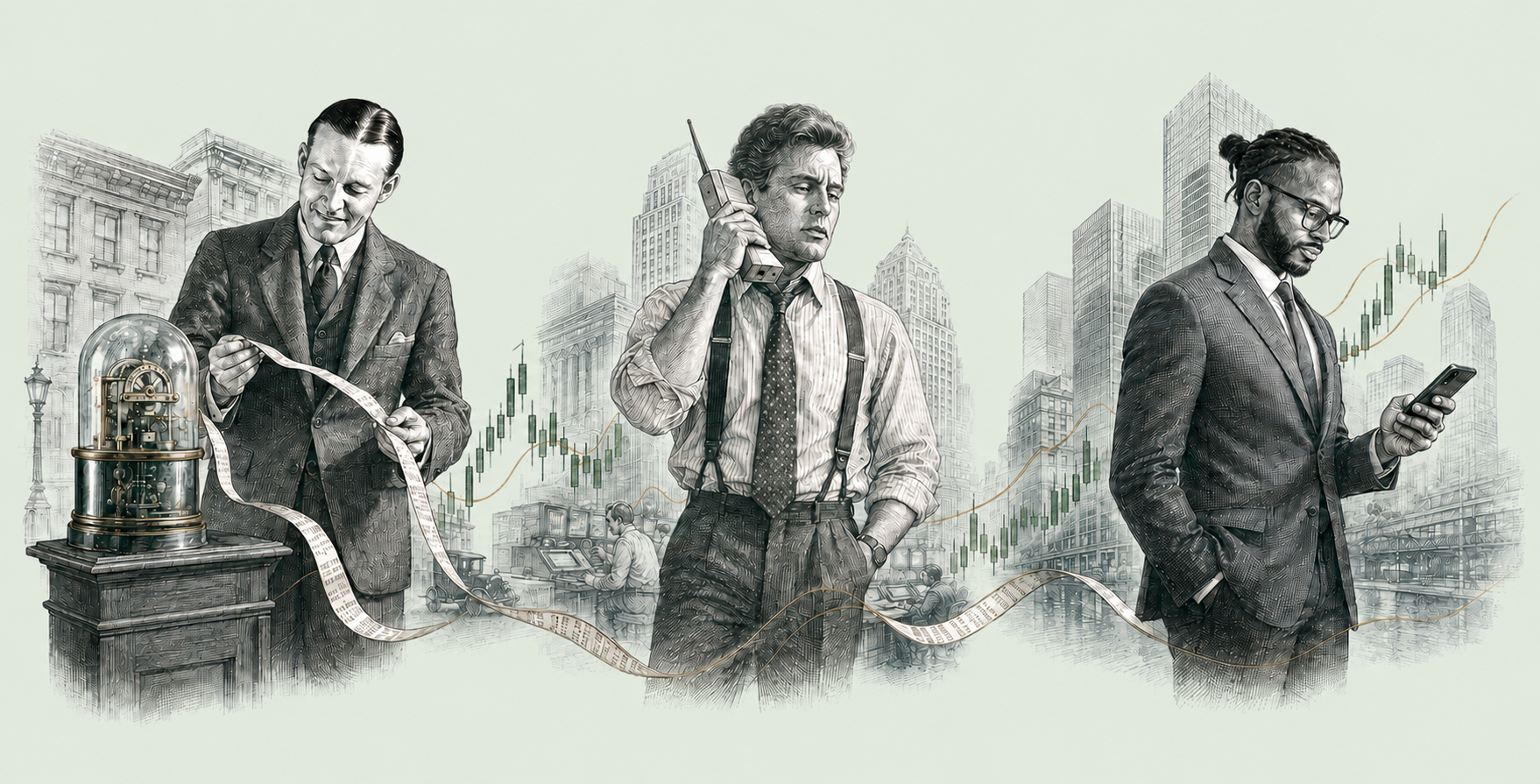 An engraved timeline showing an early market professional reading ticker tape, a 1980s trader using a brick mobile phone, and a contemporary investor reviewing a portfolio on a smartphone.